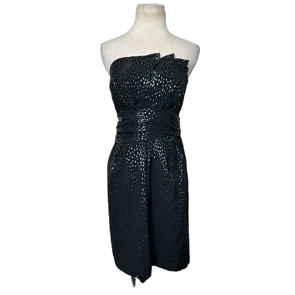 LAILA Black Silver Dots Fan Origami Strapless Bow Back Mini Dress size 10